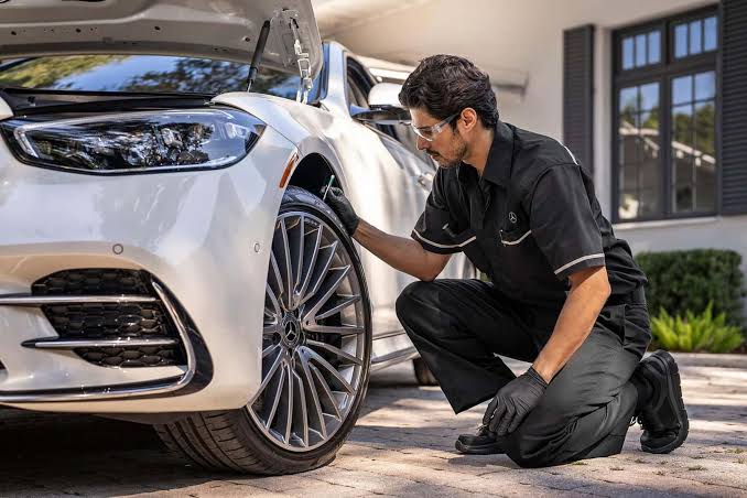 Technician inspecting a tire for punctures before a mobile tire repair
